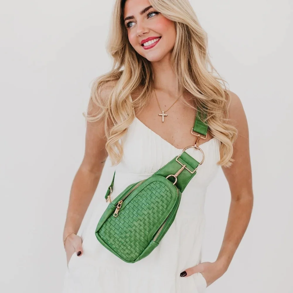 Pretty Simple Women's Waverly Emerald Woven Vegan Leather Sling Crossbody Bag - Picture 3 of 9